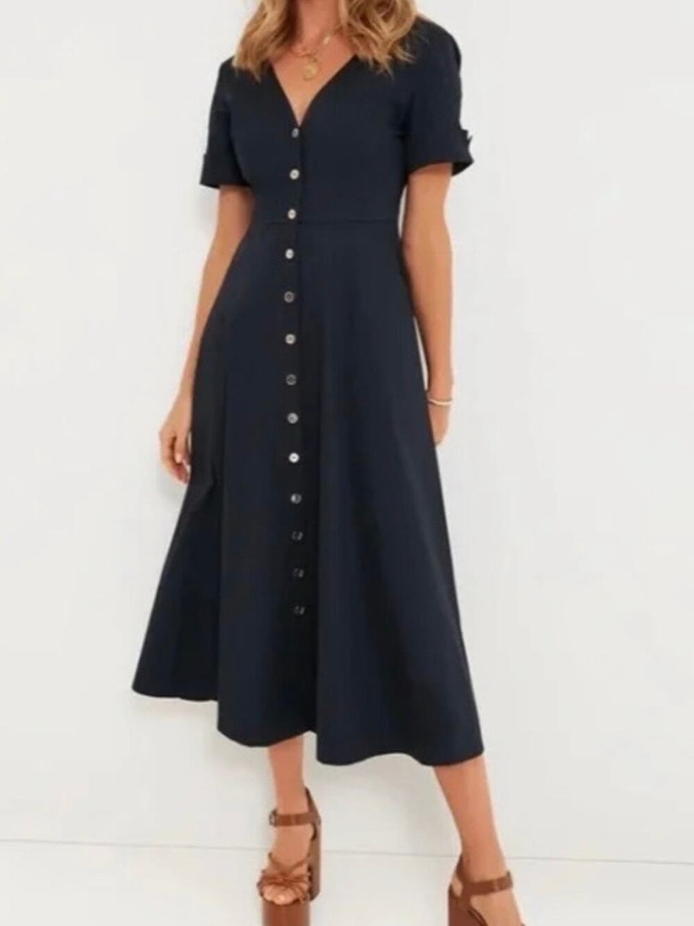 Tuckernuck Kate Button Front Cotton Poplin Dress Midi Navy Blue XXL NEW